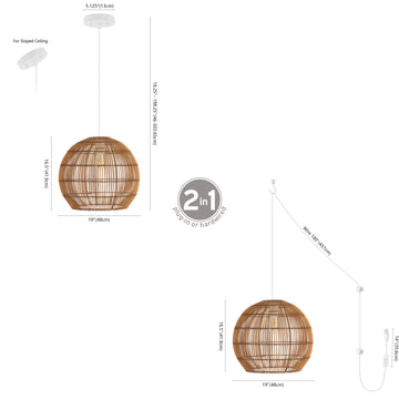 Raya 19" Farmhouse Coastal Rattan 180" Cord Plug-In or Hardwired LED Pendant - JONATHAN Y